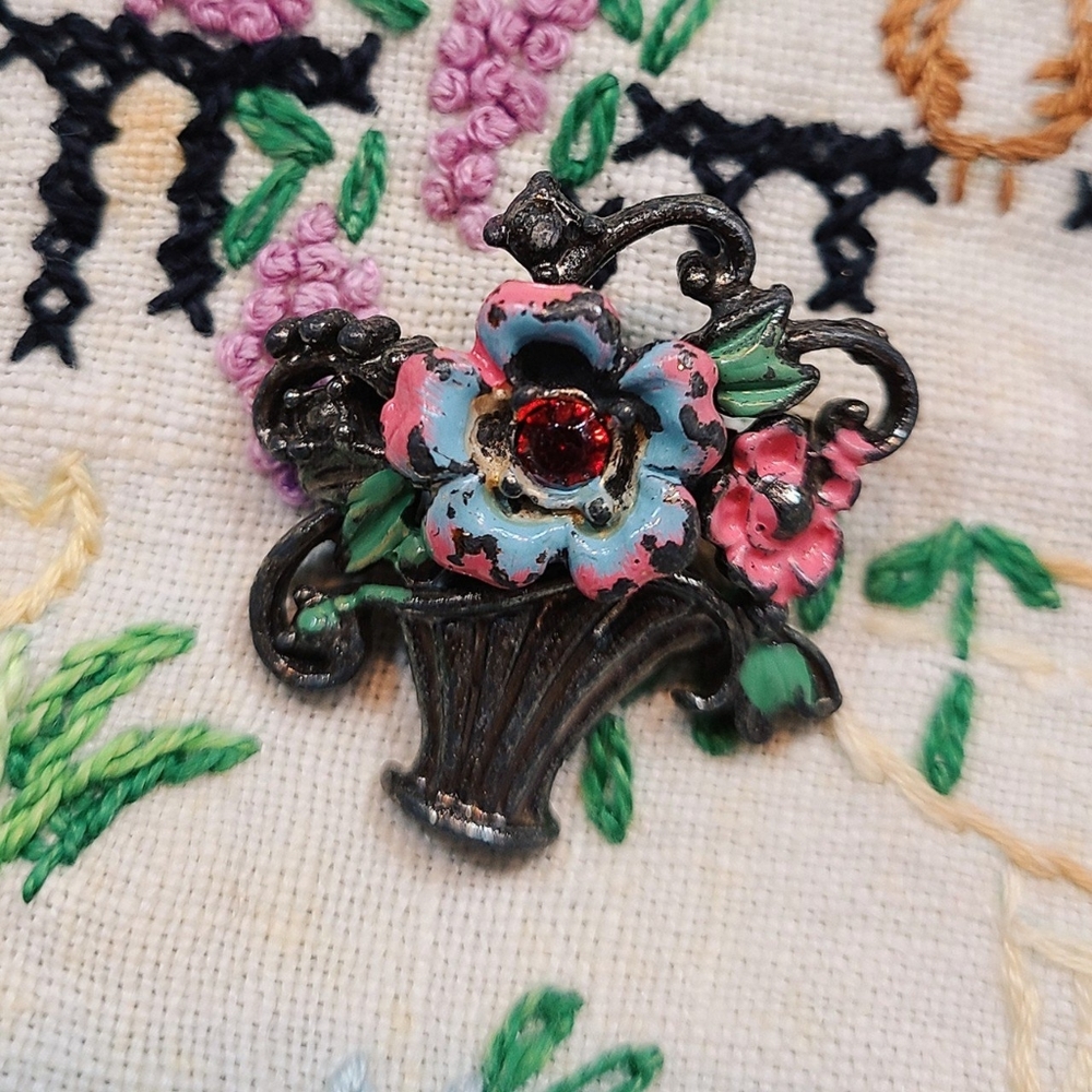 Vintage floral bouquet flower pin with  enamel.